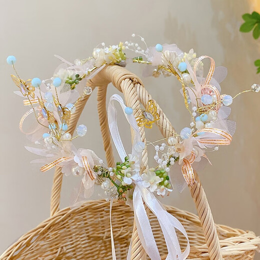 Bai Qixin Children's Crown Garland Headdress Hairpin Girl Hairband Wedding Spring Outing Flower Girl Birthday Headdress Fairy Performance Accessories Fruit Green Beaded Flower Streamer - One Size