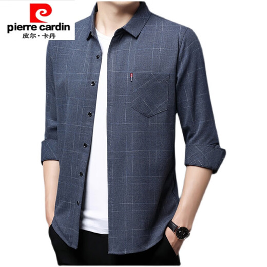Pier Cardin high-end pure cotton long-sleeved shirt for men spring and autumn style real pocket middle-aged men's plaid loose large-size shirt for men long-sleeved thin 6626 blue 190/4XL recommendation 175-190Jin [Jin equals 0.5 kg]
