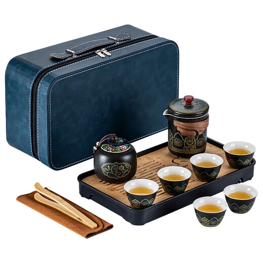 Zhengyang travel tea set portable outdoor ceramic quick cup one pot four cups office simple kung fu tea making Jilan Jinxiu (one pot six cups can long plate) + leather bag blue