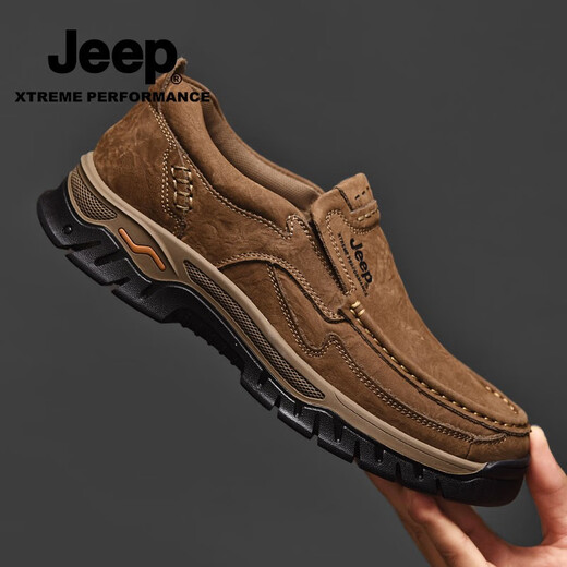 Jeep casual shoes for men in autumn and winter new first-layer cowhide shoes for the elderly, non-slip and wear-resistant business dad leather shoes, khaki standard leather shoe size 41