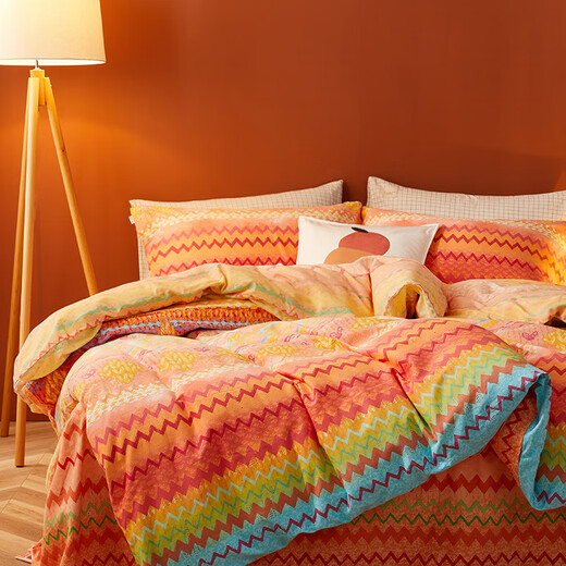 Boyang (jenseits) Boyang Home Textile reine Baumwoll-Vier-teilige Set aus Baumwolldicke pelziger Kit Boho warmes europäisches Bettblatt [doppelseitiger Pelz] warmer Winter 1,5-Meter-Blattstil (Quilt Cover 200x230 cm)