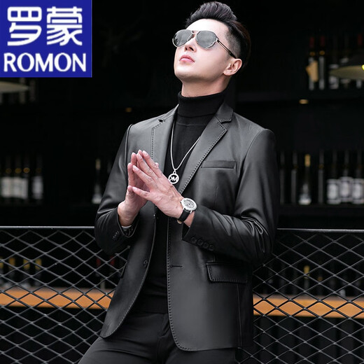 罗蒙（ROMON）真皮皮衣春秋中年皮西装男士绵羊皮夹克软皮薄新款西服海宁外套潮 黑色 175/XL