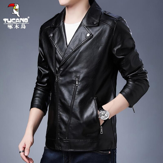 Woodpecker Leather Men's Jacket 2025 Autumn New Leather Jacket Men's Imitation Leather Jacket Business Slim Trendy Motorcycle Jacket Men Black XL