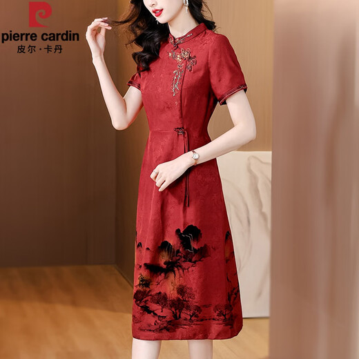 皮尔卡丹（pierre cardin）品牌喜婆婆仿香云纱连衣裙女2025新款妈m气质礼服仿真丝改良旗袍 红色 JY-9906 2XL