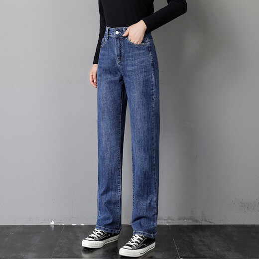 Sidiv -Jeans für Frauen im Frühling und Herbst hohe Taille gerade Hosen für Frauen lose Plüschdicke Hose für Winter schlampen koreanischer Stil vielseitiger Frauenhose Blau einzelner Stil [6625] Größe 30 Größe (zwei Füße drei)