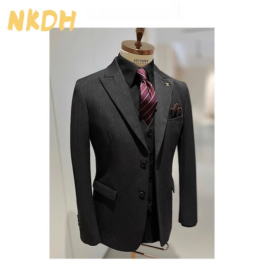 NKDH luxury brand suit suit men's autumn and winter wedding dress business casual formal dress groom's slim style three-piece suit XF601 navy blue (suit + vest + trousers) 2XL