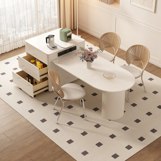 Pashaman Dining Table Rock-pan island dining table integrated Nordic cream style small apartment retractable multi-function household 1052Y 1.75-2.2 meters telescopic dining table + 4 dining chairs (1047) Designer's new model