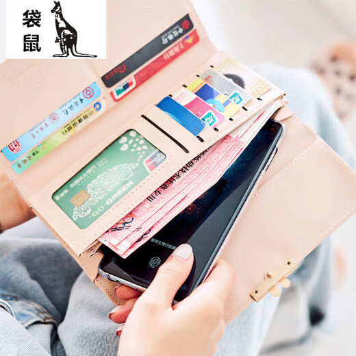 Kangaroo wallet women's large capacity new fashion clutch bag women's long three-fold student wallet mobile phone bag blue
