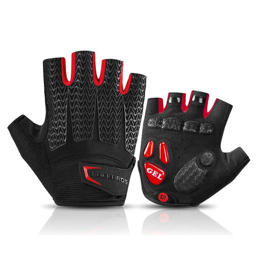 ROCKBROS Cycling Gloves Thickened Silicone Shock Absorption Spring and Summer Sports Fitness Cycling Gloves Half Finger Men S169 Black and Red SBR+GEL Dual Shock Absorption Upgrade L