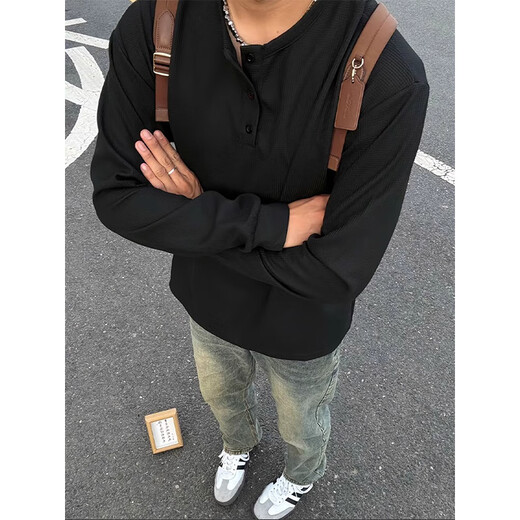 Digada American Henry Neck Waffle Waffle Sweatshirt Men's Men's Spring and Automne and Winter Plus Fleece Underpants T-shirt long à manches longues décontractées
