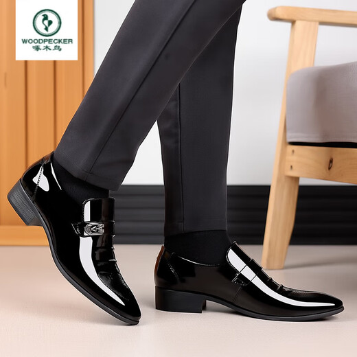 Woodpecker Offizielle Herren-Lederschuhe Business Casual Schuhe Weichgesicht weiche Bohnenschuhe bequeme und atmungsaktive britische Stile formelle Männerschuhe 9902 Bright Black 42-Markenflaggschiff echtes Off-Code-Spezialpreis-Schuhe Top Ten Marken