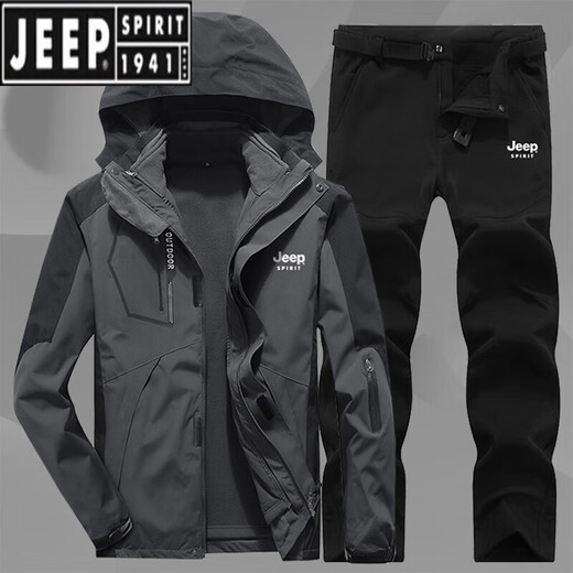 JEEP SPIRIT Jacket Suit Men's Three-in-One Windproof Fishing Jacket Autumn and Winter Plus Velvet Thickened Outdoor Mountaineering Wear LZ1201 Men's Black +16599 Pants 2XL