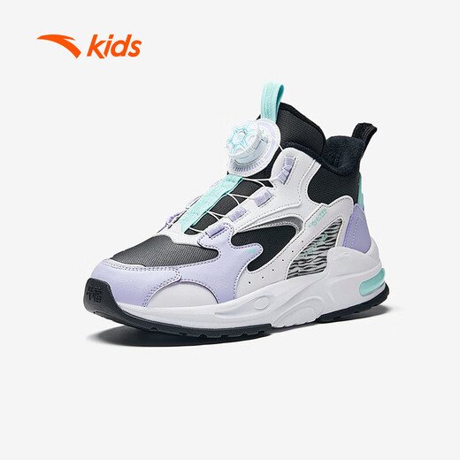 ANTA Children's Cotton Shoes for Men and Women Big Kids' Shoes 2024 Winter Plus Velvet Warm Knob Buckle Snow Non-Slip Succulent Cotton Boots Women's Leather Black/Fresh Purple/White 6919N-2 36