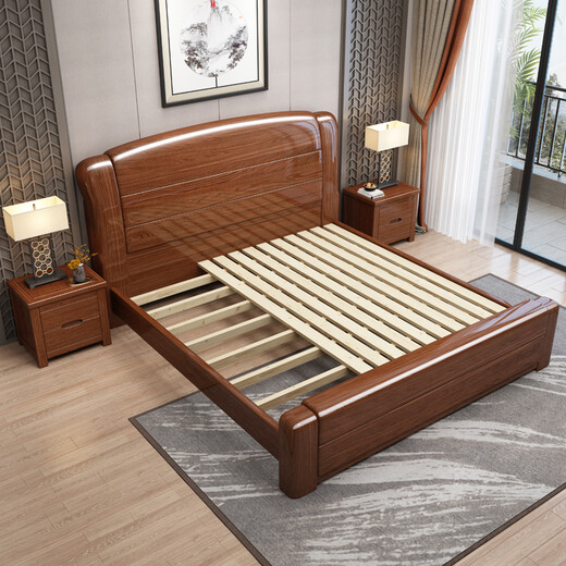 Maiyayue bed walnut solid wood bed double bed Chinese modern minimalist wedding bed large bed light luxury master bed furniture walnut bed 1500*2000mm frame style