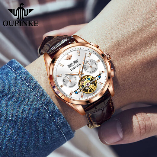 
European Pinke Swiss certified brand watches for men fully automatic mechanical watches luminous hollow flywheels for men gifts business watches European Pinke-3291-brown leather rose shell white surface