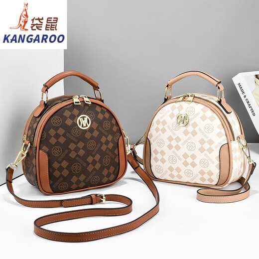 袋鼠（KANGAROO）高品质女包包2024新款印花百搭时尚小圆包单肩斜挎手提包包女 方块料-米白
