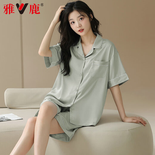 Yalu Bingsi pajamas for women in summer thin cardigan shorts shorts summer large size casual women's home clothing set 09M16802 L [Suggested 110-130Jin [Jin equals 0.5 kg]]