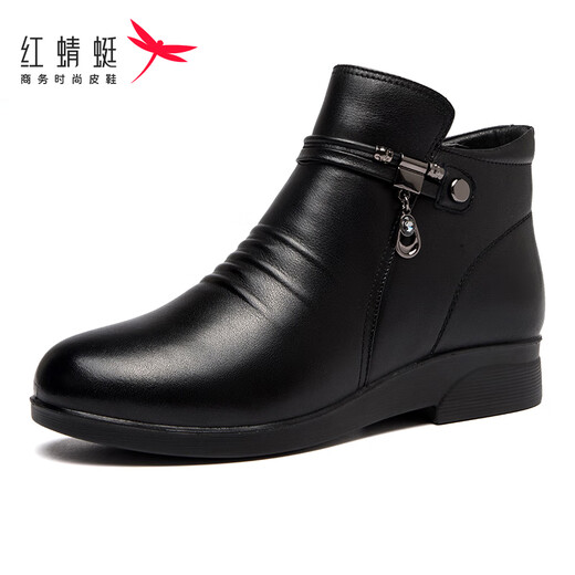Red Dragonfly Women's Shoes 2024 Winter New Genuine Leather Warm Mom Cotton Shoes Middle Heel Plus Fleece Women's Short Boots Non-Slip Middle-aged Women's Boots Black WTC9277 37