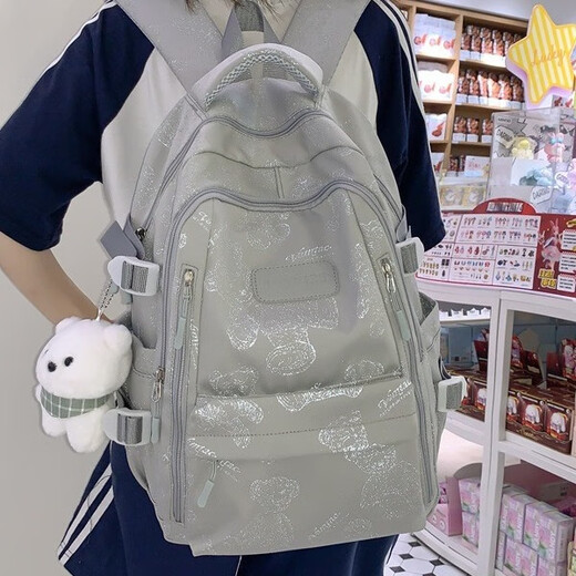 
Disney (Disney) high-value, fresh backpack for girls with lightweight, large capacity, junior and senior high school students' school bags, trendy and cool casual backpacks, off-white, plush bib bear