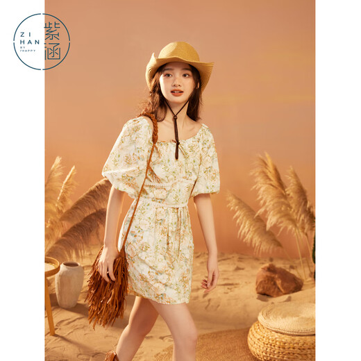 Zihan (ZIHAN) Zihan holiday style floral top and shorts set for women summer shirt and casual pants two-piece set with midsole print M