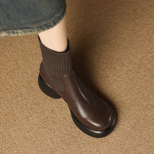 Asacho sheepskin thick-soled short boots for women in autumn and winter commuting wool socks boots small heightened Martin boots women's sleeve boots brown 37
