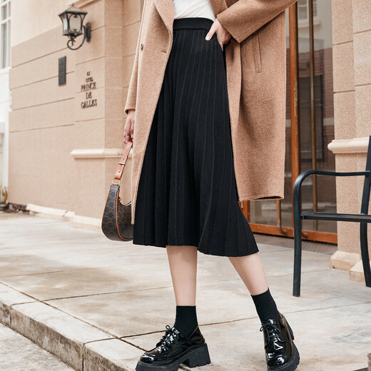 Betu women's autumn and winter new skirt French pleated high-waisted slim A-line knitted skirt for women 2310T76 black S (grey pre-sale shipped on 12/08)