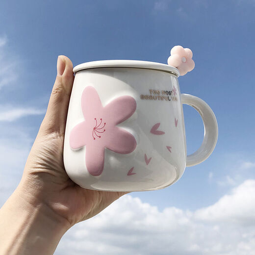Vision Breakfast Cup con tapa y cuchara de Internet Celebridades Cerámica de cerámica de cerezo con tapa y cuchara estudiante femenina SN9896 Blue Cherry Blossom [Copa azul] Copa + Tapa + cuchara de flor de cerezo