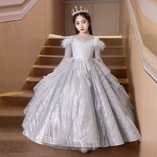 Stoffkatze Mädchen Kleid im Herbst und Winter Sinn für Kinder Abend Langarm Herbst und Winter Blumen Mädchen garnieren Rock kleine Mädchen Geburtstag Prinzessin Klavier Silber 150 cm