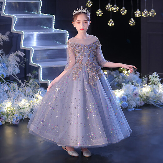 Little Kayi Vestido grueso para niños Falda de princesa anfitrión de niñas de alta gama ropa de reproducción de piano de manga larga Niños de boda de boda otoño 1591 gris y azul largo (manga central) D1 130