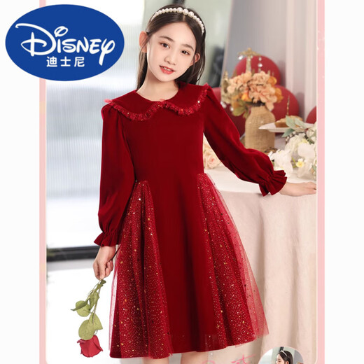 Disney Girls Dress Velvet Children's Skirt Red Princess Dress Host Performance Clothes Autumn and Winter Long Sleeve Plus Velvet Red Plus Velvet 140