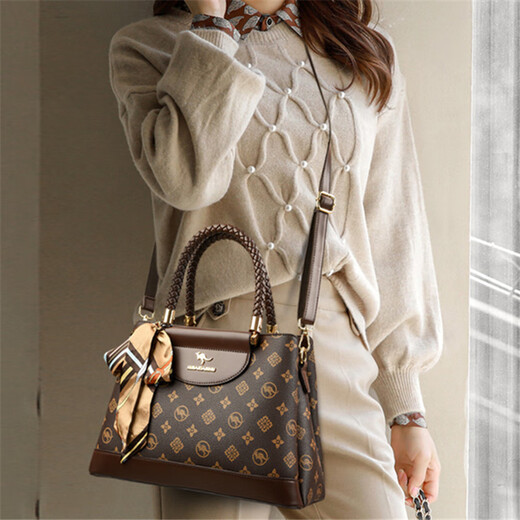 Kangaroo Kara brand genuine leather bag for women 2025 new style stylish handbag for mother on Mother's Day, fashionable middle-aged crossbody bag, brown (gift box + hand bag, card bag and silk scarf)