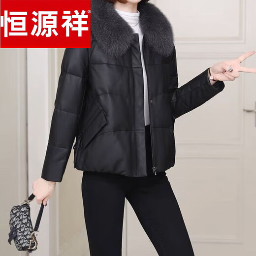 Hengyuanxiang Genuine Leather 2025 Winter New Fox Fur Collar Haining Fur Sheepskin Leather Jacket Down Jacket Women's Short Haining Leather Jacket Women's Genuine Leather Black Genuine Leather Jacket Top Ten Ranking L Code 110Jin Jin is equal to 0.5kg -120Jin Jin is equal to 0.5kg