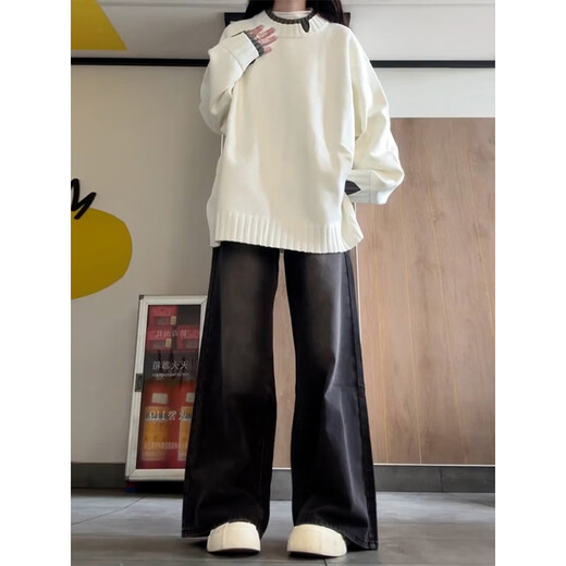 Cantu Xiaoxiangfeng round neck sweater for women autumn and winter new fake two-piece long-sleeved sweater small loose coat women's white long-sleeved sweater S recommended 90-105Jin Jin equals 0.5 kg