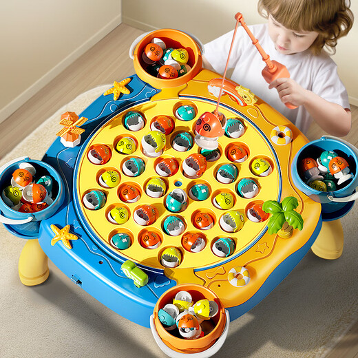 Meibosen Large Children's Fishing Toy Electric Rotating Magnetic Fishing Rod with Sound Effect Baby Toy 1 to 6 Years Old Pink XL Fishing Tray + 63-piece Set + Table Legs Rechargeable Version Charger + Battery + Screws