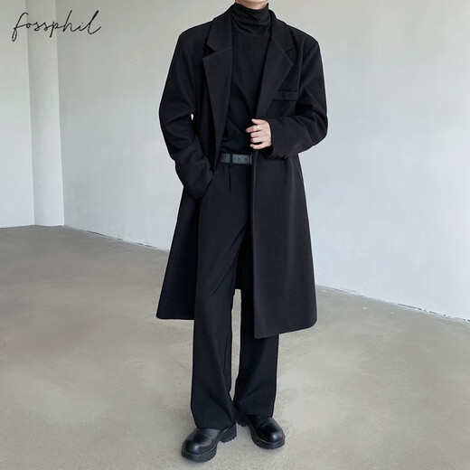 Foss Phil woolen coat men's autumn and winter trendy brand loose black high-end mid-length windbreaker jacket J251 black L