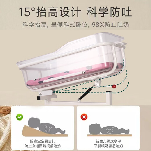 Mericon Confinement Center Clubhouse Crib Hospital Newborn Stroller Tiltable Home Crib Pink Fully Transparent Single-sided Wheel Model (Includes Mattress Mosquito Net)