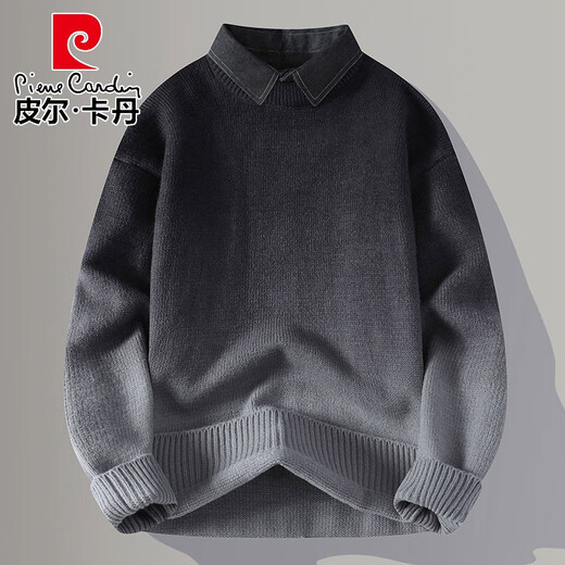 皮尔卡丹（pierre cardin）高级感假两件针织衫男2025新款渐变衬衫领毛衣男冬天保暖内搭线衣 9756红色【衬*衫衣*领】 4XL 约180~195斤可穿