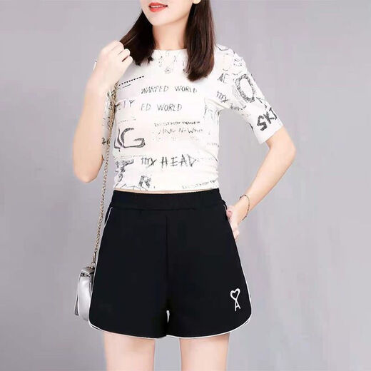 HTBT Cool Silk Cotton Wide Leg Sports Shorts for Women Summer High Waisted Loose Slimming Pants for Outerwear Versatile Casual Hot Pants Black Letters XL (Recommended 110-125 Jin Jin equals 0.5 kg)