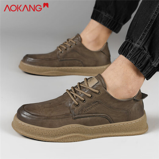 Aokang casual leather shoes for men 2025 autumn and winter new British business casual shoes retro low-top sneakers versatile high-end men's shoes khaki 41 standard sports shoe size