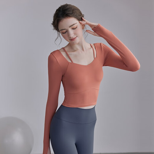 EPIH Yoga Wear Tops Women's Autumn Premium Pilates Fitness Wear Yoga Suit 2023 New Long Sleeves with Breast Pads Caramel Orange Long Sleeves Comes with Breast Pads L