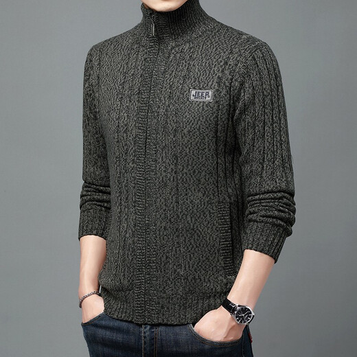 
JEEP SPIRIT knitted sweater men's autumn and winter style plus velvet thickened long-sleeved cardigan jacket casual sweater large size sweater men's winter dark gray L