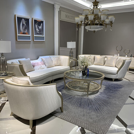 Miaopule Qiulinse American Adela light luxury simple model room suite villa living room high-end solid wood 1+2+3 and other round coffee table (12 meters tempered glass) Miaopule Qiulinse American Adela light luxury simple model room suite villa living room high-end solid wood 1+2+3 and other round coffee table (12 meters tempered glass)