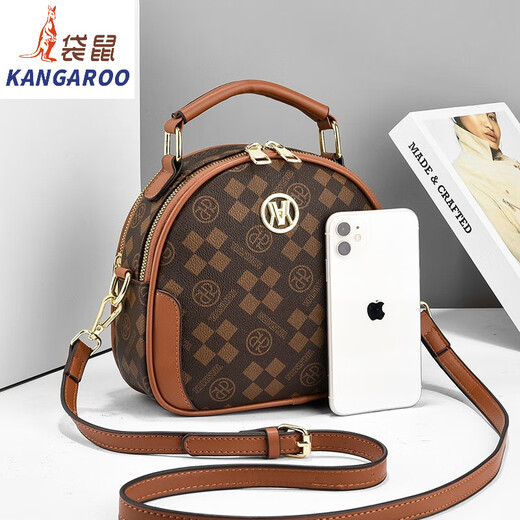 袋鼠（KANGAROO）高品质女包包2024新款印花百搭时尚小圆包单肩斜挎手提包包女 方块料-米白