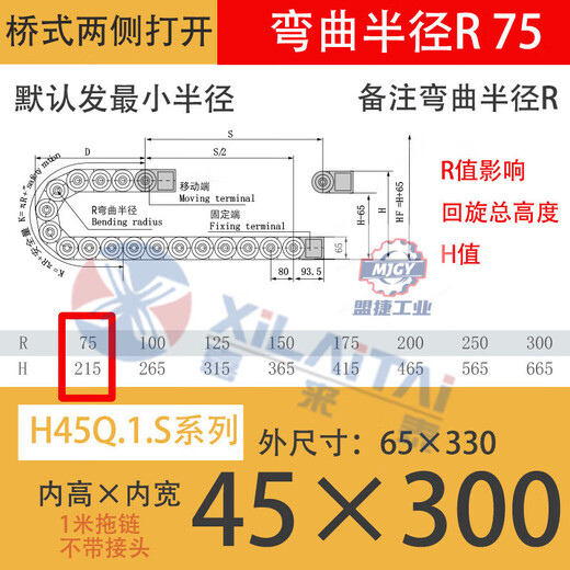 Plastic nylon tank chain H45Q.1.S 45*50*60*75*90*100*117 45*300 Remarks bending radius R 1 meter drag chain without joints