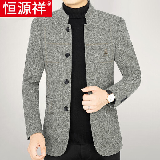 
Hengyuanxiang autumn men's woolen jacket middle-aged wool woolen jacket thickened short daddy's suit stand collar autumn and winter black gray M 170