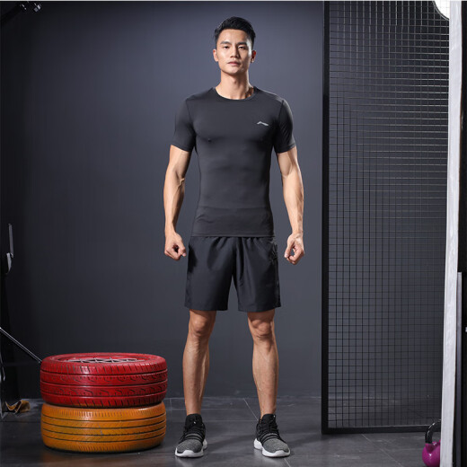 Li-Ning short-sleeved tights men's sports running fitness clothes basket football compression training quick-drying T-shirt high elastic bottoming top classic black (logo style) L