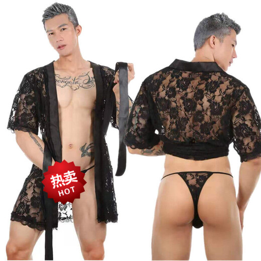 男 情趣睡袍新款男士超性感蕾丝透明丁字裤浴袍居家服套装透视诱 g023蕾丝睡袍 S