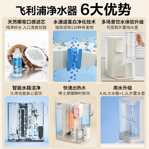 飞利浦（PHILIPS）净水器家用 加热直饮一体净饮机台式免安装即热直饮净水机RO反渗透净水器过滤器ADD6850