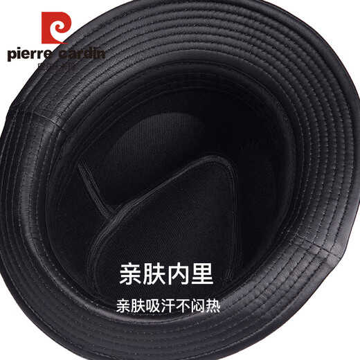 Pierre Cardin Genuine Leather Hat Men's Middle-aged and Elderly Casual Retro Jazz Hat Outdoor Versatile Gentleman Hat Sheepskin Black Medium XL (57-58cm)