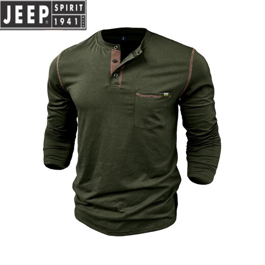 JEEP SPIRIT Henley long-sleeved T-shirt men's 2025 new American retro heavyweight men's seamless barrel knitted Henley collar bottoming shirt royal blue L US
